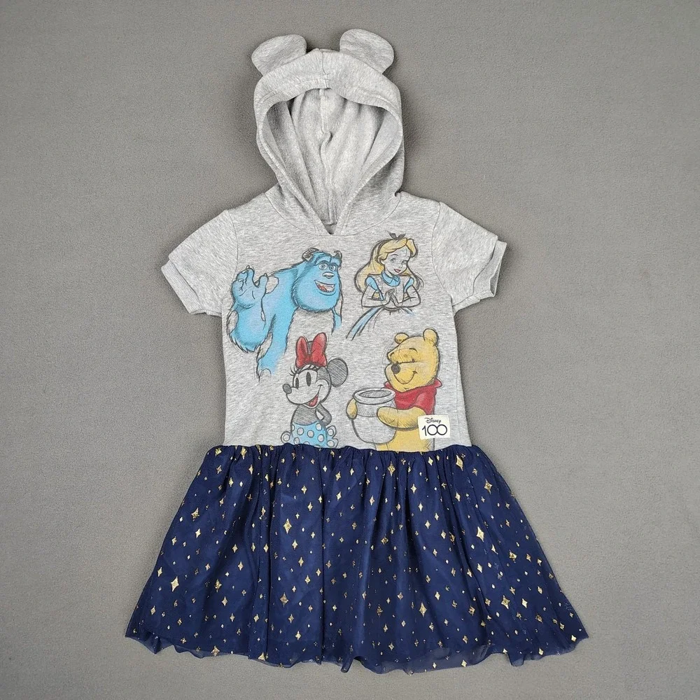 Disney 100 Years Hoodie Dress Girls 6 Blue Tulle Minnie Pooh Sulley Princess EC